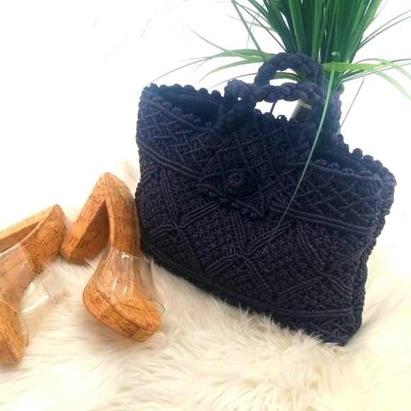 Navy Blue Crochet Handbag Boho Chic Whimsigoth Fairy Peasant - Picture 4 of 11